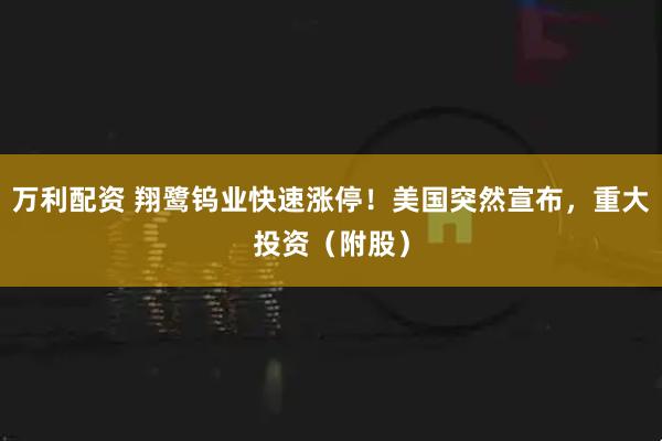 万利配资 翔鹭钨业快速涨停！美国突然宣布，重大投资（附股）